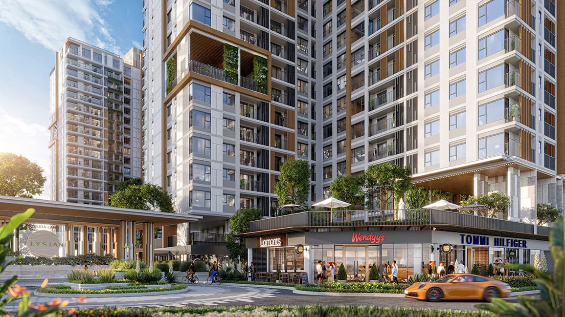 Shophouse tại khối đế các tòa nhà phù hợp cho hoạt động mua sắm và thư giãn. Ảnh phối cảnh: Gamuda Land.
