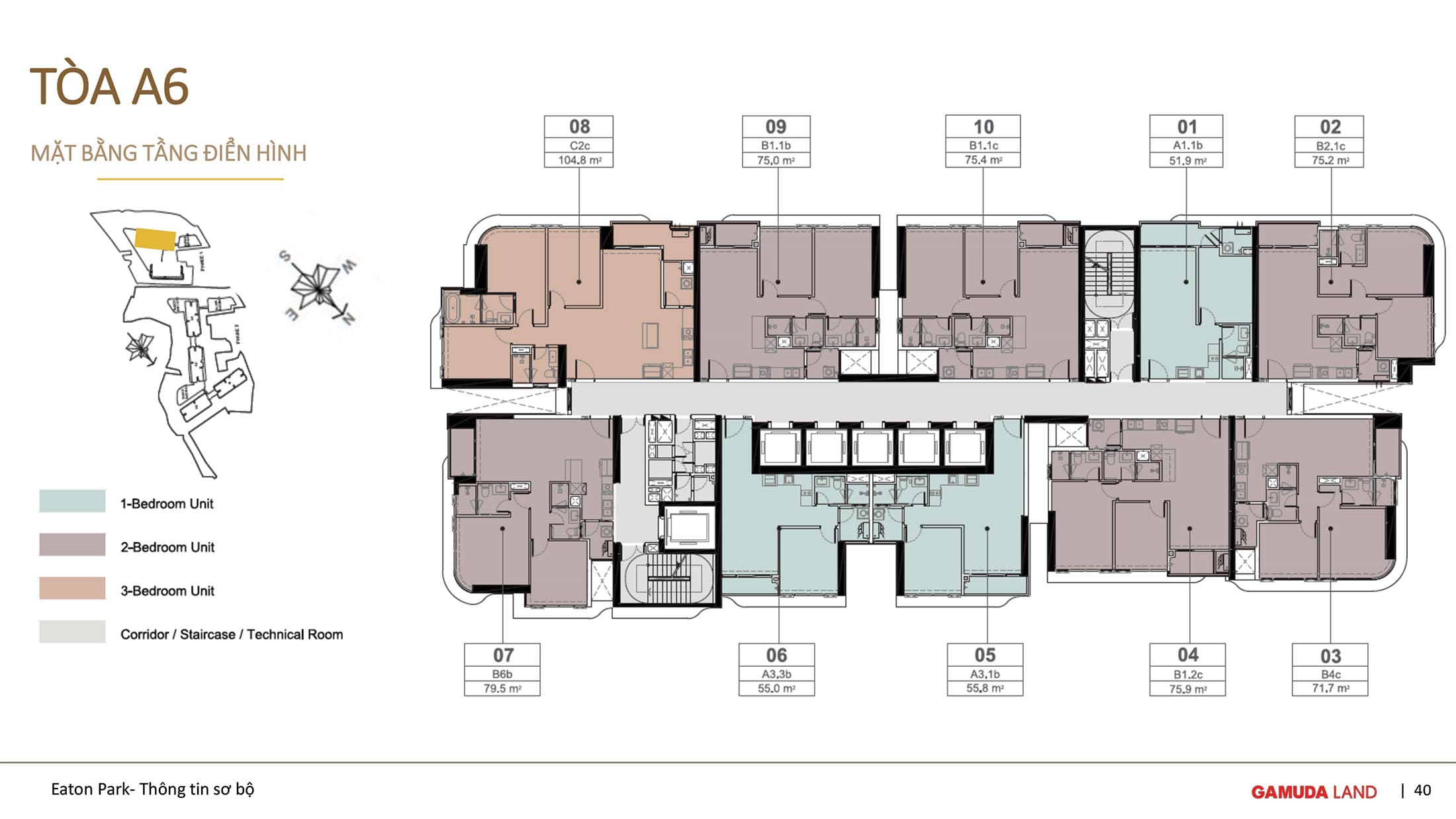 Mặt bằng tầng điển hình Tòa A6 dự án căn hộ Eaton Park được phát triển bởi Gamuda Land.