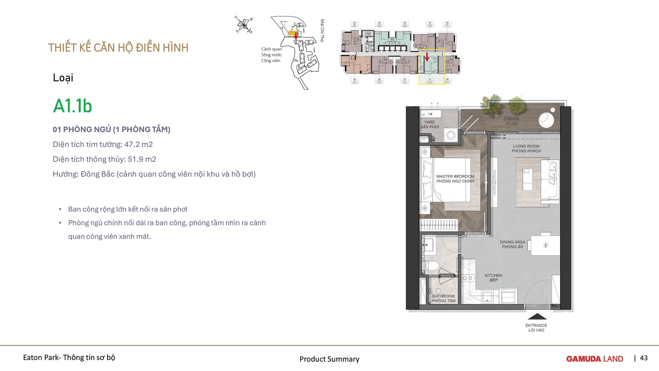 Thiết kế căn hộ điển hình 1 Phòng Ngủ, Loại A1-1B dự án Eaton Park.