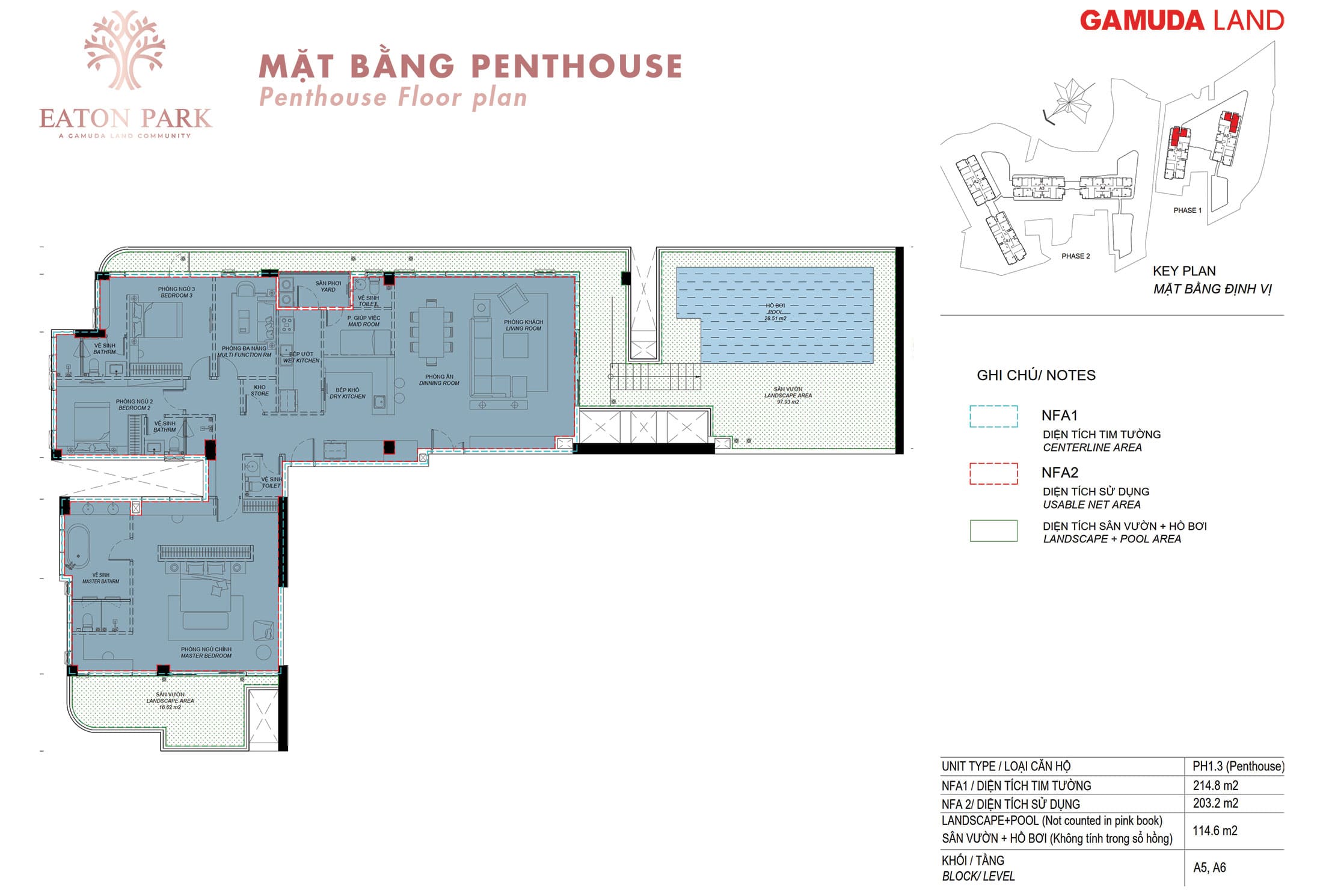 Layout thiết kế căn hộ Penthouse, Loại PH1.3 tòa tháp A5 và A6 dự án Eaton Park.