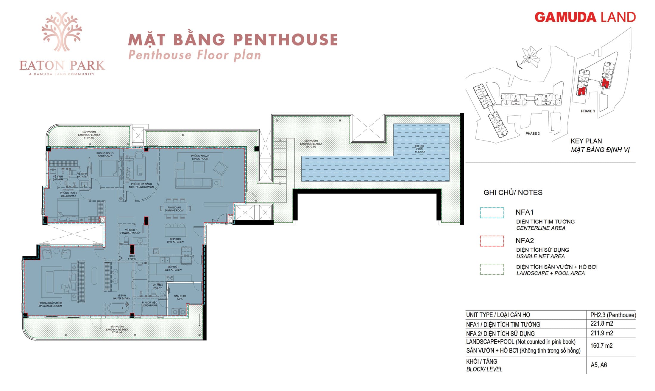 Layout thiết kế căn hộ Penthouse, Loại PH2.3 tòa tháp A5 và A6 dự án Eaton Park.