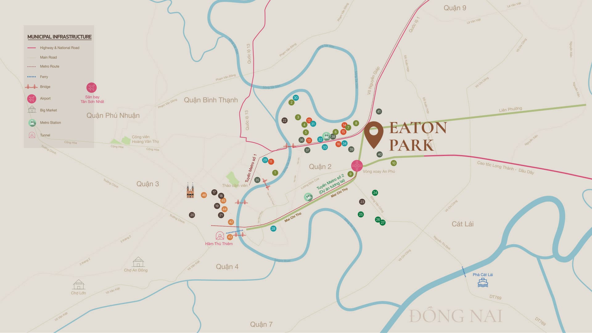 Vị trí dự án Eaton Park tọa lạc ngay trung tâm Quận 2 giúp cư dân kết nối nhanh chóng đến khu vực trung tâm.