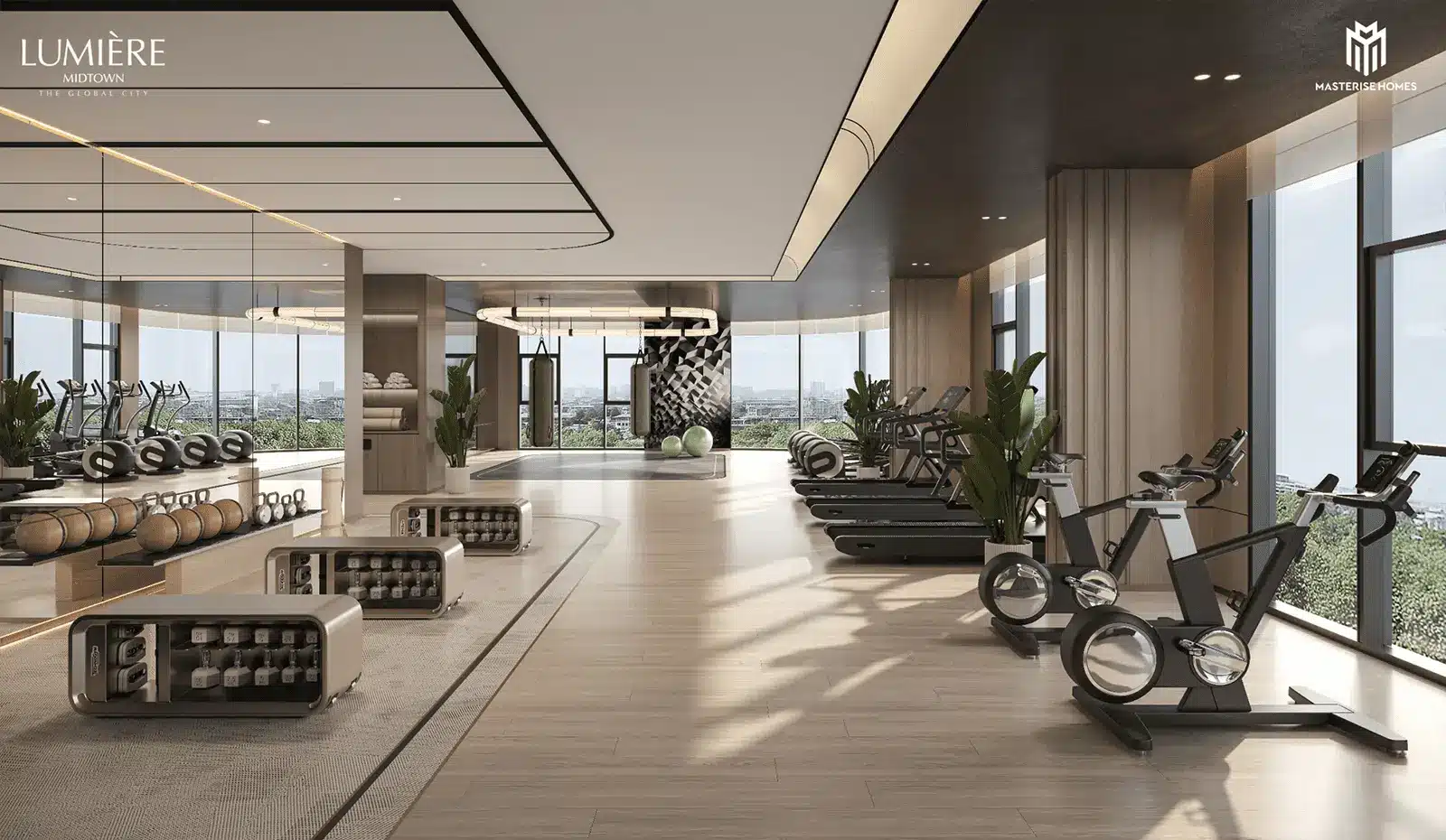 Không gian phòng Gym hiện đại tại LUMIÈRE Midtown cung cấp trải nghiệm tập luyện đẳng cấp giữa thiên nhiên.