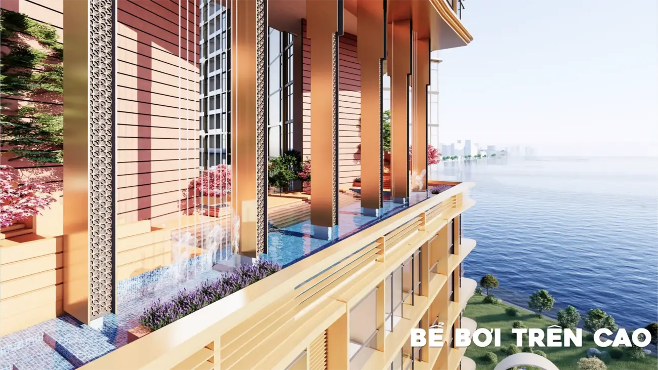 Bể bơi trong khu đô thị Charmora City, kết nối không gian sống đẳng cấp với tầm nhìn hướng biển tuyệt đẹp.